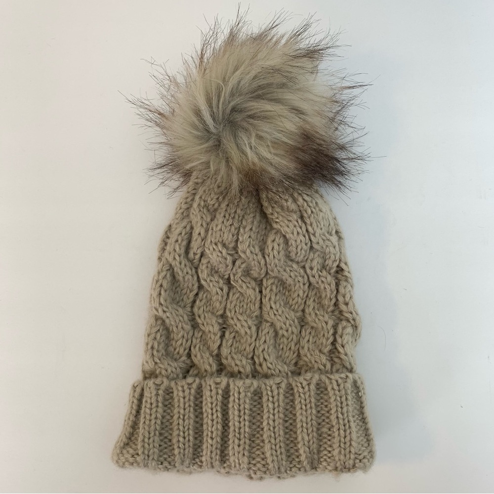 Shiraleah Chicago Tan Knit Beanie With Fuzzy Pom